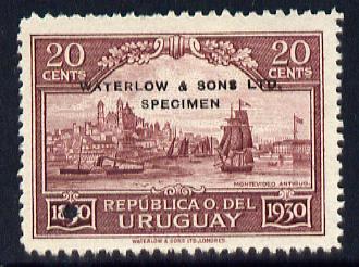 Uruguay 1930 Centenary of Independence 20c Montevideo Harbour Printers sample in red-brown (issued stamp was slate-blue) overprinted Waterlow & Sons SPECIMEN with securit..., stamps on constitutions, stamps on harbours, stamps on ports, stamps on ships