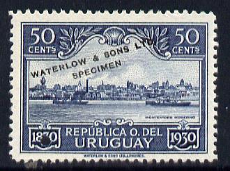 Uruguay 1930 Centenary of Independence 50c Montevideo Harbour Printer's sample in blue (issued stamp was vermilion) overprinted Waterlow & Sons SPECIMEN with security punch hole without gum, as SG 649, stamps on , stamps on  stamps on constitutions, stamps on  stamps on harbours, stamps on  stamps on ports, stamps on  stamps on ships