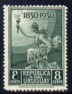 Uruguay 1930 Centenary of Independence 8c Torch Bearer Printer's sample in green (issued stamp was scarlet) overprinted Waterlow & Sons SPECIMEN with security punch hole without gum, as SG 644, stamps on , stamps on  stamps on constitutions, stamps on  stamps on 