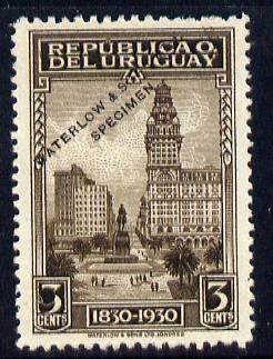 Uruguay 1930 Centenary of Independence 3c Montevideo Printer's sample in chocolate (issued stamp was yellow-green) overprinted Waterlow & Sons SPECIMEN with security punch hole without gum, as SG 642, stamps on , stamps on  stamps on constitutions, stamps on  stamps on tourism