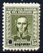 Uruguay 1933 Lavalleja 15m Printer's sample in olive (issued stamp was deep lake) with security punch hole & overprinted SPECIMEN without gum, as SG 689, stamps on , stamps on  stamps on personalities, stamps on  stamps on constitutions, stamps on  stamps on 