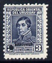 Uruguay 1933 General Rivers 3c Printers sample in blue (issued stamp was green) with security punch hole & overprinted SPECIMEN without gum, as SG 690, stamps on personalities, stamps on constitutions, stamps on 