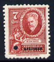 Uruguay 1933 Zorilla de San Martin 7c Printer's sample in claret (issued stamp was slate-blue) with security punch hole & overprinted SPECIMEN without gum, as SG 691, stamps on , stamps on  stamps on personalities, stamps on  stamps on constitutions, stamps on  stamps on 