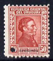 Uruguay 1928 Artigas 50c Printer's sample in claret (issued stamp was lilac-grey or black or sepia) with security punch hole & overprinted SPECIMEN without gum, as SG 563/4/5, stamps on , stamps on  stamps on personalities, stamps on  stamps on constitutions, stamps on  stamps on 