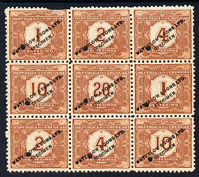 Uruguay 1902 Postage Dues se-tenant block of 9 Printer's sample in yellow-brown (issued stamps were in blue, red, purple or orange) each overprinted Waterlow & Sons SPECIMEN with security punch hole without gum, as SG D246-50 (note block consists of 1c x 2, 2c x 2, 4c x 2, 10c x 2 & 20c x 1 - one 1c is damaged), stamps on , stamps on  stamps on uruguay 1902 postage dues se-tenant block of 9 printer's sample in yellow-brown (issued stamps were in blue, stamps on  stamps on  red, stamps on  stamps on  purple or orange) each overprinted waterlow & sons specimen with security punch hole without gum, stamps on  stamps on  as sg d246-50 (note block consists of 1c x 2, stamps on  stamps on  2c x 2, stamps on  stamps on  4c x 2, stamps on  stamps on  10c x 2 & 20c x 1 - one 1c is damaged)