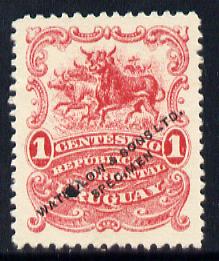 Uruguay 1900 Cattle 1c Printers sample in red (issued stamp was green) overprinted Waterlow & Sons SPECIMEN with security punch hole without gum, as SG 230, stamps on cattle, stamps on bovine