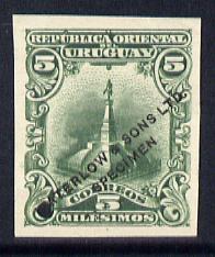 Uruguay 1899 Monument to Artigas 5m imperf Printers sample in green (issued stamp was grey-blue) overprinted Waterlow & Sons SPECIMEN with security punch hole without gum..., stamps on personalities, stamps on constitutions, stamps on statues