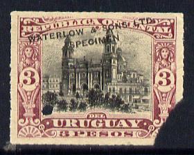 Uruguay 1895 Montevideo Cathedral 3p Printer's sample in black & claret (issued stamp was blue & carmine) overprinted Waterlow & Sons SPECIMEN with security punch hole without gum, as SG 163 (note lower right corner missing), stamps on , stamps on  stamps on cathedrals, stamps on  stamps on churches