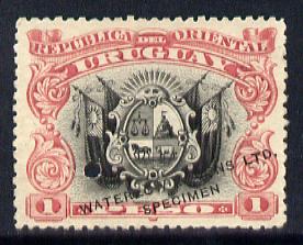 Uruguay 1895 Coat of Arms 1p Printers sample in black & lake (issued stamp was black & chestnut) overprinted Waterlow & Sons SPECIMEN with security punch hole without gum..., stamps on arms, stamps on heraldry