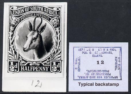 South Africa 1926-27 issue B&W photograph of original 1/2d Springbok essay inscribed in English, approximately twice stamp-size. Official photograph from the original artwork held by the Government Printer in Pretoria with authority handstamp on the back, one of only 30 produced., stamps on , stamps on  stamps on , stamps on  stamps on  kg5 , stamps on  stamps on animals