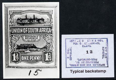 South Africa 1926-27 issue B&W photograph of original 1d Pictorial essay inscribed in English, approximately twice stamp-size. Official photograph from the original artwork held by the Government Printer in Pretoria with authority handstamp on the back, one of only 30 produced., stamps on , stamps on  stamps on , stamps on  stamps on  kg5 , stamps on  stamps on 