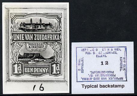 South Africa 1926-27 issue B&W photograph of original 1d Pictorial essay inscribed in Afrikaans, approximately twice stamp-size. Official photograph from the original artwork held by the Government Printer in Pretoria with authority handstamp on the back, one of only 30 produced., stamps on , stamps on  stamps on , stamps on  stamps on  kg5 , stamps on  stamps on 