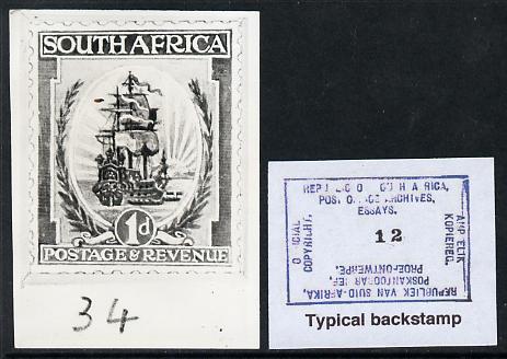South Africa 1926-27 issue B&W photograph of original 1d Dromedaris essay inscribed in English, approximately twice stamp-size slightly different to issued stamp which is included. Official photograph from the original artwork held by the Government Printer in Pretoria with authority handstamp on the back, one of only 30 produced., stamps on , stamps on  stamps on , stamps on  stamps on  kg5 , stamps on  stamps on ships