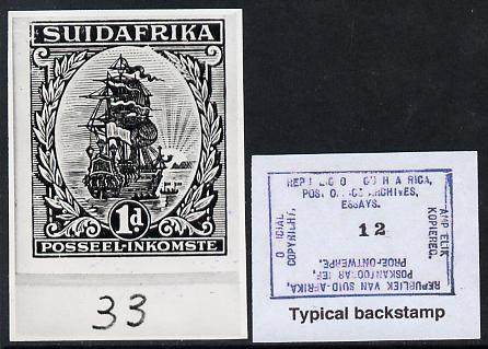 South Africa 1926-27 issue B&W photograph of original 1d Dromedaris essay inscribed in Afrikaans, approximately twice stamp-size slightly different to issued stamp which is included. Official photograph from the original artwork held by the Government Printer in Pretoria with authority handstamp on the back, one of only 30 produced., stamps on , stamps on  stamps on , stamps on  stamps on  kg5 , stamps on  stamps on ships