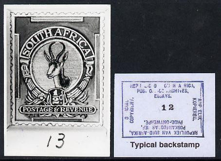 South Africa 1926-27 issue B&W photograph of original 1/2d Springbok essay inscribed in English, approximately twice stamp-size slightly different to issued stamp which is included. Official photograph from the original artwork held by the Government Printer in Pretoria with authority handstamp on the back, one of only 30 produced., stamps on , stamps on  stamps on , stamps on  stamps on  kg5 , stamps on  stamps on animals