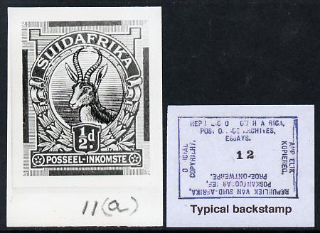South Africa 1926-27 issue B&W photograph of original 1/2d Springbok essay inscribed in Afrikaans, approximately twice stamp-size slightly different to issued stamp which is included. Official photograph from the original artwork held by the Government Printer in Pretoria with authority handstamp on the back, one of only 30 produced., stamps on , stamps on  stamps on , stamps on  stamps on  kg5 , stamps on  stamps on animals