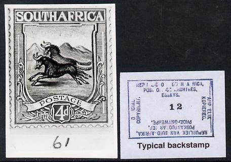 South Africa 1926-27 issue B&W photograph of original 4d Wildebeest essay inscribed in English, approximately twice stamp-size. Official photograph from the original artwork held by the Government Printer in Pretoria with authority handstamp on the back, one of only 30 produced., stamps on , stamps on  stamps on , stamps on  stamps on  kg5 , stamps on  stamps on animals, stamps on  stamps on bovine