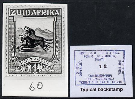 South Africa 1926-27 issue B&W photograph of original 4d Wildebeest essay inscribed in Afrikaans, approximately twice stamp-size. Official photograph from the original artwork held by the Government Printer in Pretoria with authority handstamp on the back, one of only 30 produced., stamps on , stamps on  stamps on , stamps on  stamps on  kg5 , stamps on  stamps on animals, stamps on  stamps on bovine