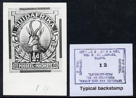 South Africa 1926-27 issue B&W photograph of original 1/2d Springbok essay inscribed in Afrikaans, approximately twice stamp-size. Official photograph from the original artwork held by the Government Printer in Pretoria with authority handstamp on the back, one of only 30 produced., stamps on , stamps on  stamps on , stamps on  stamps on  kg5 , stamps on  stamps on animals