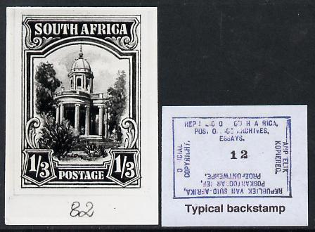 South Africa 1926-27 issue B&W photograph of original 1s3d essay inscribed in English, approximately twice stamp-size. Official photograph from the original artwork held by the Government Printer in Pretoria with authority handstamp on the back, one of only 30 produced., stamps on , stamps on  stamps on , stamps on  stamps on  kg5 , stamps on  stamps on 