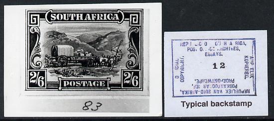 South Africa 1926-27 issue B&W photograph of original 2s6d Ox Wagon essay inscribed in English, approximately twice stamp-size. Official photograph from the original artwork held by the Government Printer in Pretoria with authority handstamp on the back, one of only 30 produced., stamps on , stamps on  stamps on , stamps on  stamps on  kg5 , stamps on  stamps on 