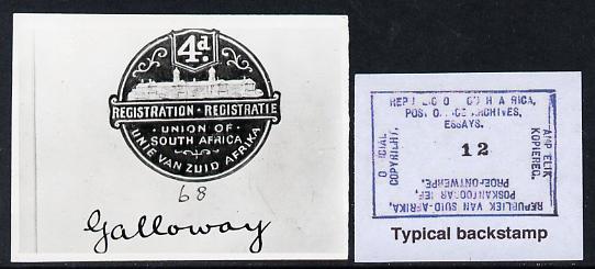 South Africa 1926-27 KG5 Registration issue B&W photograph of original essay denominated 4d inscribed bi-lingually. Official photograph from the original artwork held by the Government Printer in Pretoria with authority handstamp on the back, one of only 30 produced., stamps on , stamps on  stamps on , stamps on  stamps on  kg5 , stamps on  stamps on 