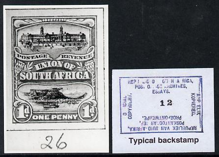 South Africa 1926-27 issue B&W photograph of original 1d Pictorial essay inscribed in English, approximately twice stamp-size. Official photograph from the original artwork held by the Government Printer in Pretoria with authority handstamp on the back, one of only 30 produced., stamps on , stamps on  stamps on , stamps on  stamps on  kg5 , stamps on  stamps on 