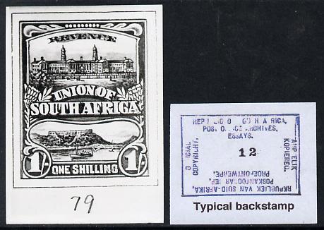 South Africa 1926-27 issue B&W photograph of original 1s Pictorial essay inscribed in English, approximately twice stamp-size. Official photograph from the original artwork held by the Government Printer in Pretoria with authority handstamp on the back, one of only 30 produced., stamps on , stamps on  stamps on , stamps on  stamps on  kg5 , stamps on  stamps on 