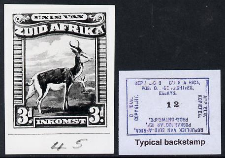 South Africa 1926-27 issue B&W photograph of original 3d Pictorial essay inscribed in English, approximately twice stamp-size. Official photograph from the original artwo..., stamps on , stamps on  kg5 , stamps on animals