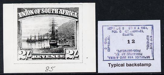 South Africa 1926-27 issue B&W photograph of original 2s Pictorial essay inscribed in English, approximately twice stamp-size. Official photograph from the original artwork held by the Government Printer in Pretoria with authority handstamp on the back, one of only 30 produced., stamps on , stamps on  stamps on , stamps on  stamps on  kg5 , stamps on  stamps on ships