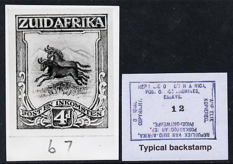 South Africa 1926-27 issue B&W photograph of original 4d Wildebeest essay inscribed in Afrikaans, approximately twice stamp-size. Official photograph from the original artwork held by the Government Printer in Pretoria with authority handstamp on the back, one of only 30 produced., stamps on , stamps on  stamps on , stamps on  stamps on  kg5 , stamps on  stamps on animals, stamps on  stamps on bovine