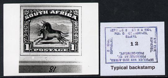 South Africa 1926-27 issue B&W photograph of original 1s Wildebeest essay inscribed in English, approximately twice stamp-size slightly different to issued stamp which is..., stamps on , stamps on  kg5 , stamps on animals, stamps on bovine