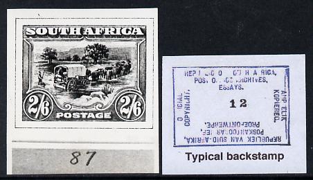 South Africa 1926-27 issue B&W photograph of original 2s6d Ox Wagon essay inscribed in English, approximately twice stamp-size slightly different to issued stamp which is included. Official photograph from the original artwork held by the Government Printer in Pretoria with authority handstamp on the back, one of only 30 produced., stamps on , stamps on  stamps on , stamps on  stamps on  kg5 , stamps on  stamps on animals, stamps on  stamps on bovine