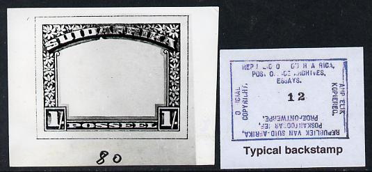 South Africa 1926-27 issue B&W photograph of essay for 1s frame inscribed in Afrikaans, approximately twice stamp-size. Official photograph from the original artwork held..., stamps on , stamps on  kg5 , stamps on 