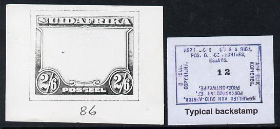 South Africa 1926-27 issue B&W photograph of essay for 2s6d frame inscribed in Afrikaans, approximately twice stamp-size. Official photograph from the original artwork held by the Government Printer in Pretoria with authority handstamp on the back, one of only 30 produced., stamps on , stamps on  stamps on , stamps on  stamps on  kg5 , stamps on  stamps on 