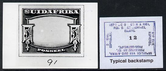 South Africa 1926-27 issue B&W photograph of essay for 5s frame inscribed in Afrikaans, approximately twice stamp-size. Official photograph from the original artwork held by the Government Printer in Pretoria with authority handstamp on the back, one of only 30 produced., stamps on , stamps on  stamps on , stamps on  stamps on  kg5 , stamps on  stamps on 