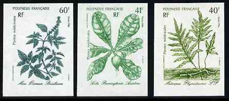 French Polynesia 1986 Medicinal Plants #1 imperf set of 3 from limited printing unmounted mint, as SG 492-94*, stamps on medical, stamps on flowers, stamps on plants, stamps on medicinal plants