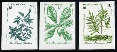 French Polynesia 1986 Medicinal Plants #1 imperf set of 3 from limited printing unmounted mint, as SG 492-94*, stamps on , stamps on  stamps on medical, stamps on  stamps on flowers, stamps on  stamps on plants, stamps on  stamps on medicinal plants