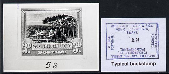 South Africa 1926-27 issue B&W photograph of original 3d Groot Schour essay inscribed in English, approximately twice stamp-size. Official photograph from the original artwork held by the Government Printer in Pretoria with authority handstamp on the back, one of only 30 produced., stamps on , stamps on  stamps on , stamps on  stamps on  kg5 , stamps on  stamps on 