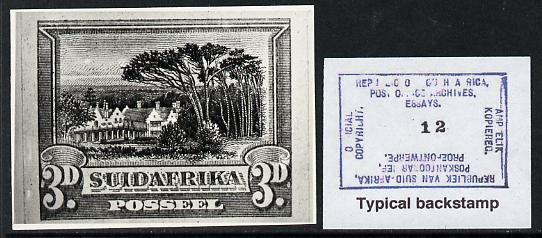 South Africa 1926-27 issue B&W photograph of original 3d Groot Schour essay inscribed in Afrikaans, approximately twice stamp-size. Official photograph from the original artwork held by the Government Printer in Pretoria with authority handstamp on the back, one of only 30 produced., stamps on , stamps on  stamps on , stamps on  stamps on  kg5 , stamps on  stamps on 