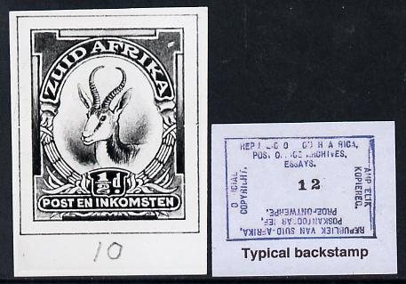 South Africa 1926-27 issue B&W photograph of original 1/2d Springbok essay inscribed in Afrikaans, approximately twice stamp-size. Official photograph from the original a..., stamps on , stamps on  kg5 , stamps on animals, stamps on springbok