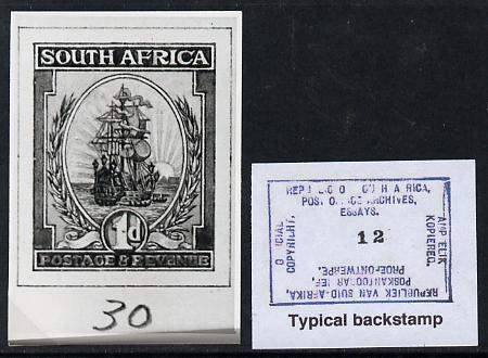South Africa 1926-27 issue B&W photograph of original 1d Dromedaris essay inscribed in English, approximately twice stamp-size. Official photograph from the original artwork held by the Government Printer in Pretoria with authority handstamp on the back, one of only 30 produced., stamps on , stamps on  stamps on , stamps on  stamps on  kg5 , stamps on  stamps on ships