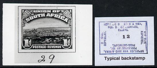 South Africa 1926-27 issue B&W photograph of original 1d pictorial essay inscribed in English, approximately twice stamp-size. Official photograph from the original artwork held by the Government Printer in Pretoria with authority handstamp on the back, one of only 30 produced., stamps on , stamps on  stamps on , stamps on  stamps on  kg5 , stamps on  stamps on 