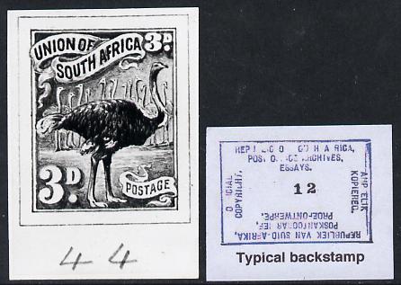 South Africa 1926-27 issue B&W photograph of original 3d Ostrich essay inscribed in English, approximately twice stamp-size. Official photograph from the original artwork held by the Government Printer in Pretoria with authority handstamp on the back, one of only 30 produced., stamps on , stamps on  stamps on , stamps on  stamps on  kg5 , stamps on  stamps on ostriches