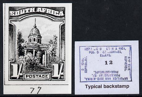 South Africa 1926-27 issue B&W photograph of original 1s pictorial essay inscribed in English, approximately twice stamp-size. Official photograph from the original artwork held by the Government Printer in Pretoria with authority handstamp on the back, one of only 30 produced., stamps on , stamps on  stamps on , stamps on  stamps on  kg5 , stamps on  stamps on 