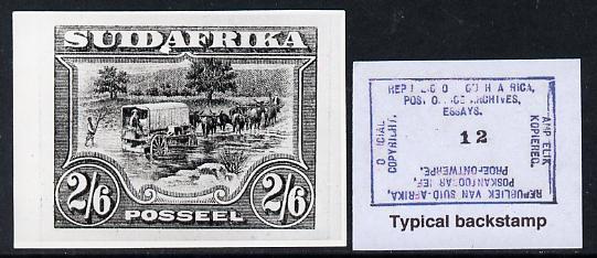South Africa 1926-27 issue B&W photograph of original 2s6d Ox wagon essay inscribed in Afrikaans, approximately twice stamp-size similar to issued stamp which is included..., stamps on , stamps on  kg5 , stamps on 