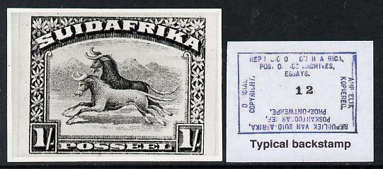 South Africa 1926-27 issue B&W photograph of original 1s Wildebeest essay inscribed in Afrikaans, approximately twice stamp-size slightly different to issued stamp which is included. Official photograph from the original artwork held by the Government Printer in Pretoria with authority handstamp on the back, one of only 30 produced., stamps on , stamps on  stamps on , stamps on  stamps on  kg5 , stamps on  stamps on animals, stamps on  stamps on bovine