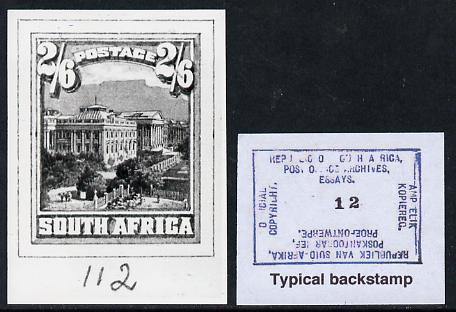 South Africa 1926-27 issue B&W photograph of original 2s6d pictorial essay inscribed in English, approximately twice stamp-size. Official photograph from the original artwork held by the Government Printer in Pretoria with authority handstamp on the back, one of only 30 produced., stamps on , stamps on  stamps on , stamps on  stamps on  kg5 , stamps on  stamps on 