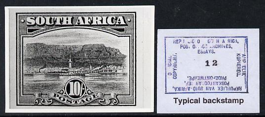 South Africa 1926-27 issue B&W photograph of original 10s pictorial essay inscribed in English, approximately twice stamp-size. Official photograph from the original artwork held by the Government Printer in Pretoria with authority handstamp on the back, one of only 30 produced., stamps on , stamps on  stamps on , stamps on  stamps on  kg5 , stamps on  stamps on 