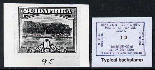 South Africa 1926-27 issue B&W photograph of original 10s pictorial essay inscribed in Afrikaans, approximately twice stamp-size. Official photograph from the original artwork held by the Government Printer in Pretoria with authority handstamp on the back, one of only 30 produced., stamps on , stamps on  stamps on , stamps on  stamps on  kg5 , stamps on  stamps on 